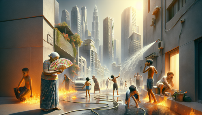 Surviving Extreme Heat: Urban heatwave above 30°C, showing heat island effect and vulnerable groups seeking relief.
