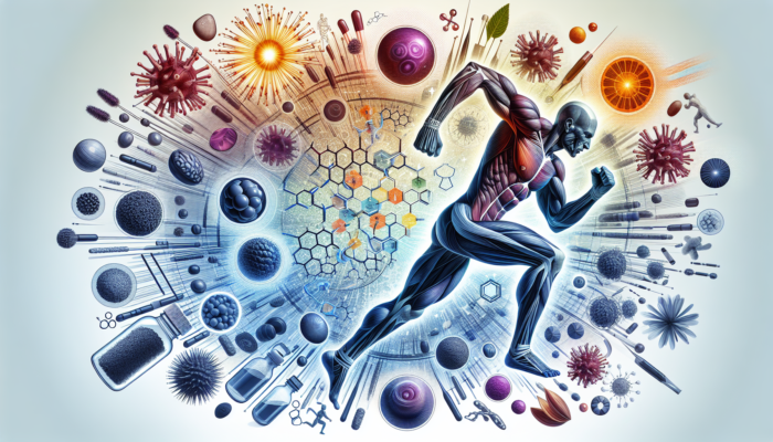 Anatomical illustration depicting ashwagandha's effects on athletes, highlighting adaptogenic, hormonal, and antioxidant benefits.