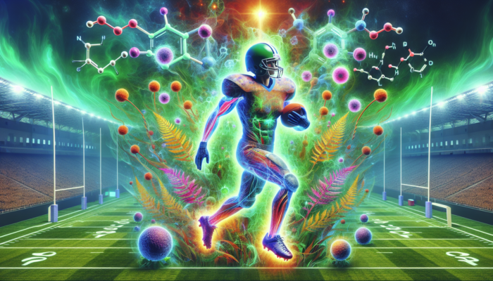 Athlete surrounded by ashwagandha plants, antioxidant molecules neutralising free radicals, with a rugby field and martial arts dojo in the background.