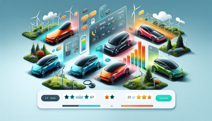 A modern website showcasing electric cars with information on battery range, charging, and customer ratings.
