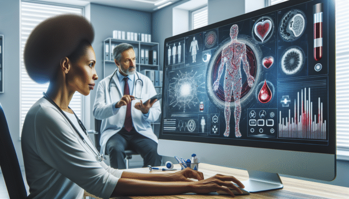 A healthcare professional analysing hormone level charts on a computer alongside a patient in a contemporary medical environment.
