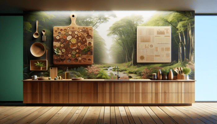 A sustainable kitchen scene featuring a wooden cutting board crafted from maple, walnut, and cherry, situated in a sustainably managed forest.