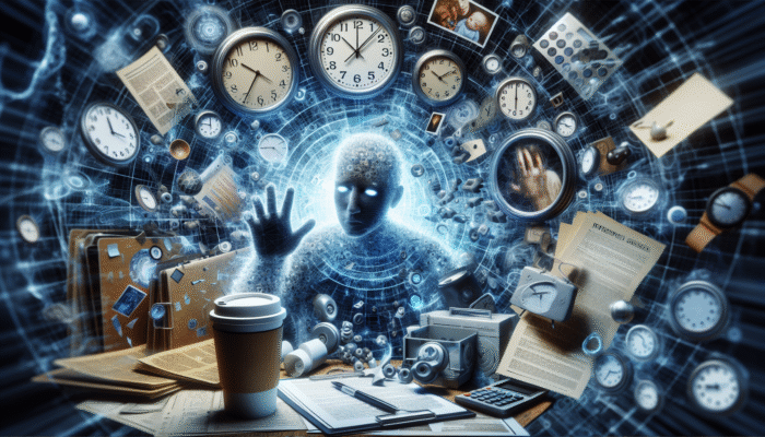 A fatigued individual surrounded by clocks, work, and family, reaching for energy drinks and coffee.