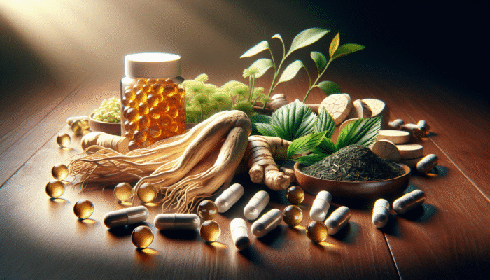 Natural energy supplement ingredients, including ginseng, B-vitamins, and green tea extract, displayed on a wooden table.