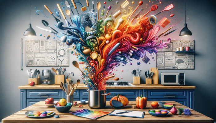 Whimsical kitchen with utensils and appliances transforming into vibrant, surreal shapes and colors.