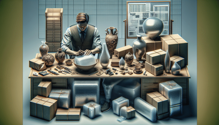 A person carefully wrapping glassware and vases in bubble wrap, labelling packages in an organized workspace.