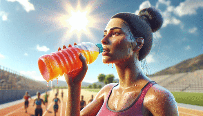 Person drinking colourful electrolyte drink, sweating in a hot, sunny environment, emphasising hydration and physical activity.