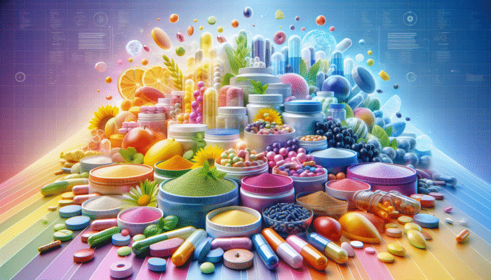 A vibrant array of dietary supplements in capsules, tablets, and powders on a colourful background.