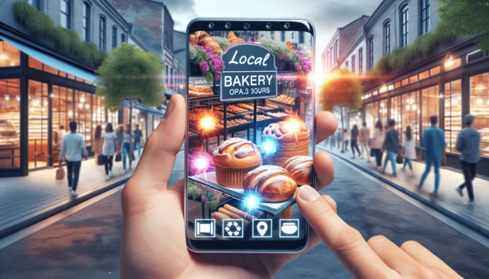 A local bakery's Google My Business profile on a smartphone, showcasing delectable pastries, operational hours, and customer reviews, set against a lively street backdrop.
