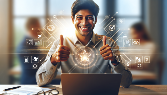 A local business owner smiling while engaging with customers online, amidst positive feedback and a glowing reputation icon.