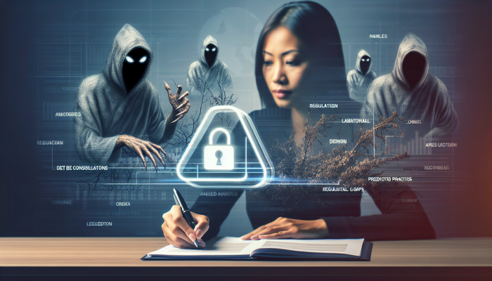 Person signing fintech loan, shadowy figures symbolizing regulatory gaps and predatory risks.