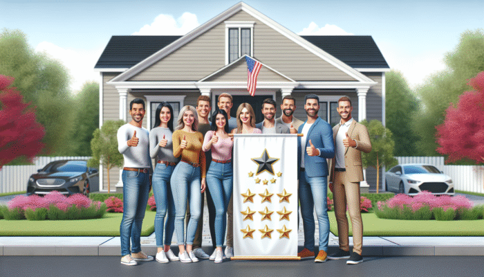 Satisfied homeowners displaying thumbs-up in front of their property, showcasing a banner with top-rated home service logo and reviews.