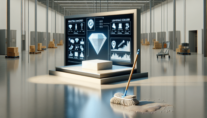 Industrial diamond tools and low-moisture scrubbers delicately treating stone, creating a lasting shine, in contrast to a common supermarket mop.
