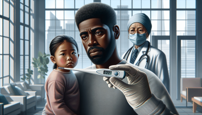 Digital thermometer displaying fast reading, parent checking child's temperature, doctor in background, modern home.