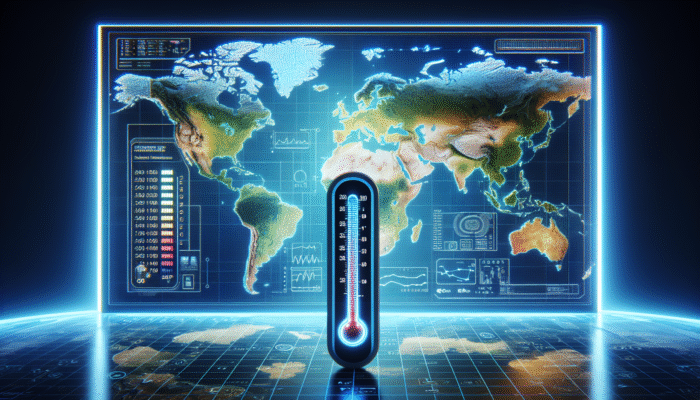 Digital thermometer on global map, demonstrating consistent readings across climates for standardized healthcare monitoring.