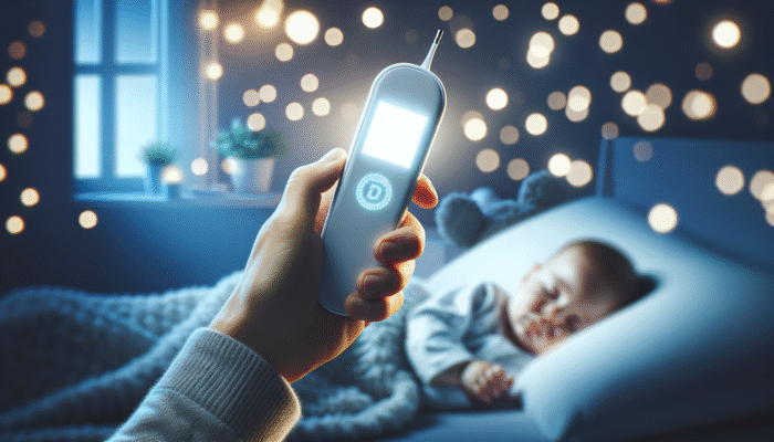A digital thermometer with a large, backlit screen displaying temperature, held by a parent checking a sleeping infant at night.