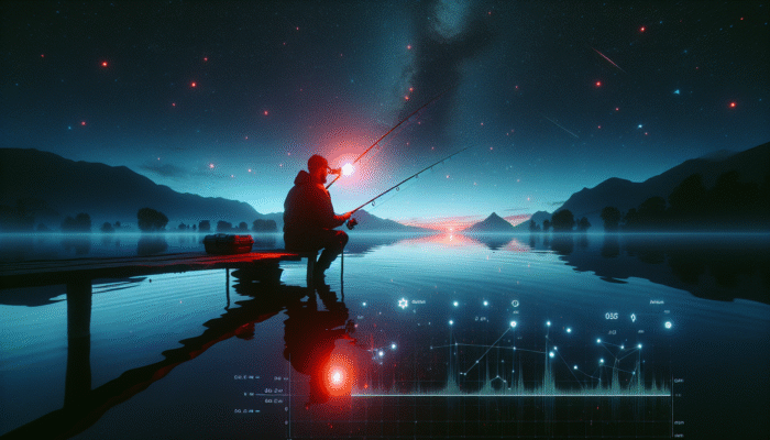 An individual using a water-resistant headlamp with red light mode to fish at night on a calm, starry lake.