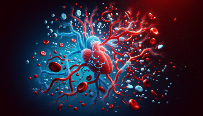 Illustration of nitric oxide molecules promoting cardiovascular health in blood vessels, depicted with red and blue colours.