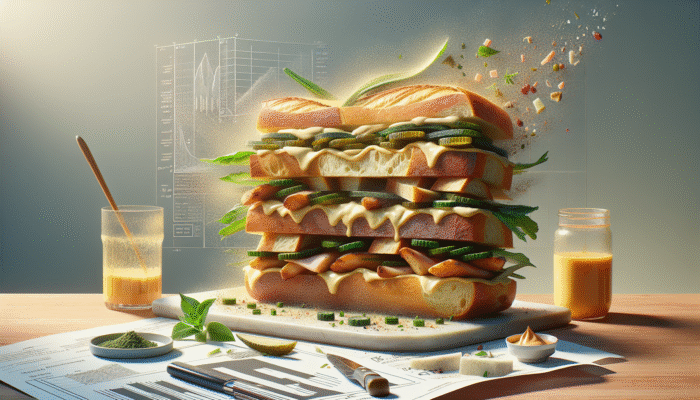 A toasted baguette with herb-infused butter and mayonnaise, layered with proteins and pickles, enhancing the banh mi's flavours.