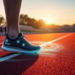 Close-up of a person wearing the black Xero XB+ SmartShoe, showcasing digital elements on a track. The shoe displays glowing icons and the brand name "Xero." In the background, a group runs, with a digital clock showing 14:06—ideal for sensor-driven running form optimization unveiled at CES 2025.
