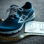 A blue athletic shoe with white laces is placed next to a measuring tape on a carpeted floor. A small instruction sheet depicting foot diagrams and fitting guidance is beside the shoe.