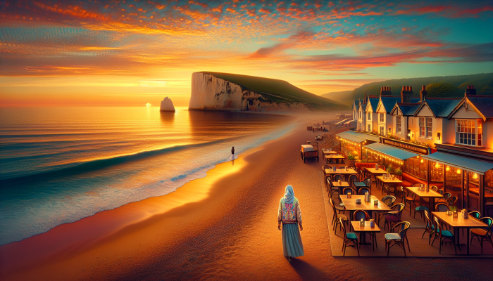 How to Celebrate Debt Consolidation Milestones: A Guide | DCL A peaceful UK coastal sunset scene with a person walking, cafes, and distant cliffs, celebrating relaxation.
