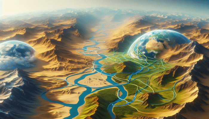 Science of Hydration Supplements: A vibrant scene of global landscapes connected by streams of water, symbolizing hydration's vital role in health.