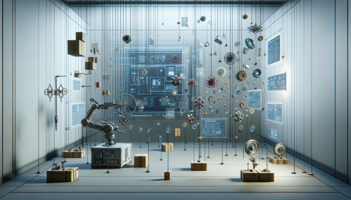 A futuristic room with items color-coded and sorted by a robotic arm, digital interface showing algorithms.