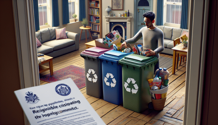 Person sorting items in a UK flat, using labeled bins and a local council guide for responsible disposal.