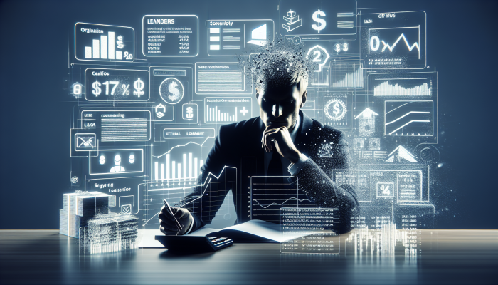 Individual comparing loan offers, utilising calculators and charts to analyse origination fees and interest rates.