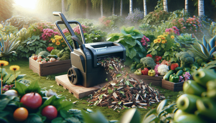 Electric shredders and chippers converting garden waste into mulch, enriching soil around thriving plants.