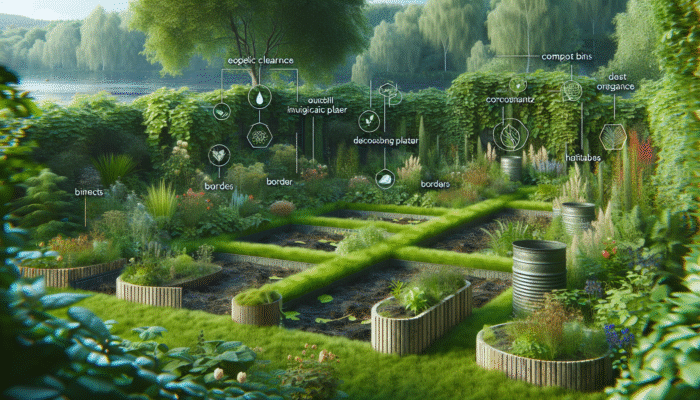A peaceful garden featuring compost bins, native plants, and wildlife habitats, promoting sustainability and biodiversity.