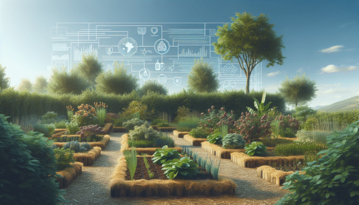 Vibrant garden featuring mulched beds using wood chips and straw, showcasing water conservation and sustainable gardening practices.