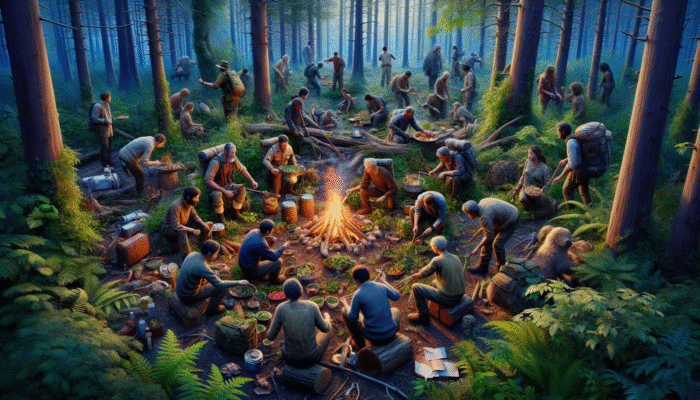 Survivors foraging and hunting in a forest, preparing a communal meal over a campfire, demonstrating resilience and teamwork.