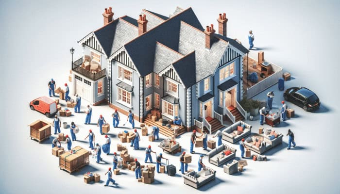 Comparative analysis of house clearance quotes in the UK: a team clearing a large home, illustrating the effect of property size on clearance costs.