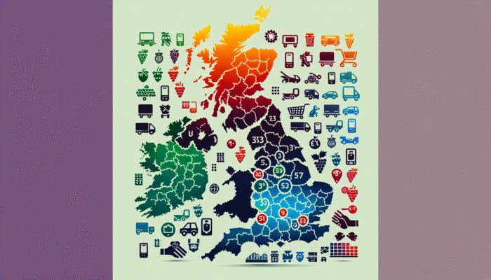 A detailed map of the UK illustrating regional pricing variations with colour gradients and product category icons.