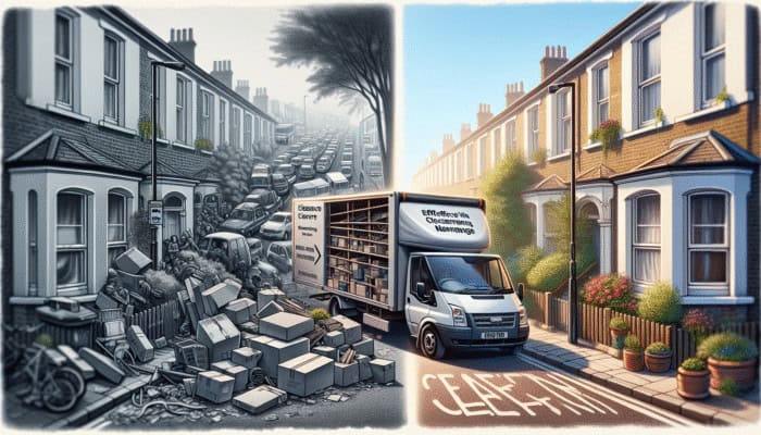 Urban London street featuring a congested clearance van versus a calm suburban area with efficient van access.