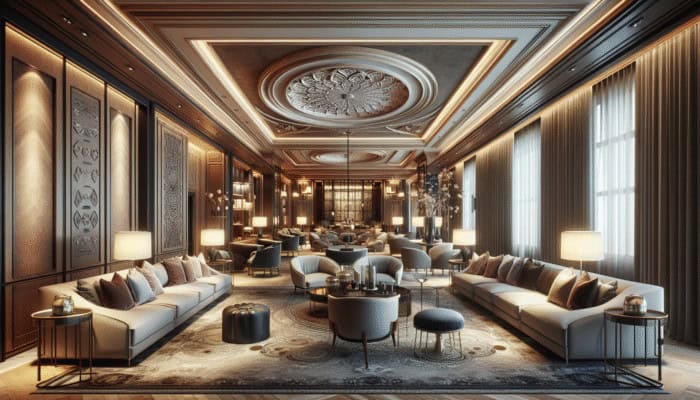 Elegant interior of Franklin Lounge Delano featuring high ceilings and plush sofas in deep tones and soft accents.