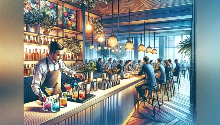 Expert mixologists at Franklin Lounge Delano creating colourful, unique cocktails with seasonal ingredients.