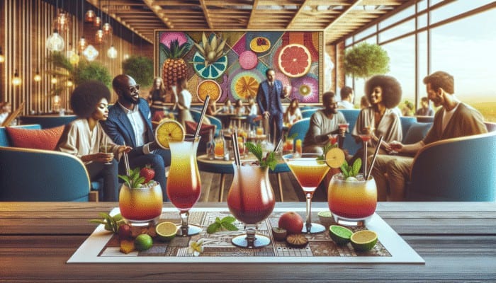 Colourful non-alcoholic mocktails with fruits and herbs at Franklin Lounge Delano, enjoyed by diverse patrons in a lively daytime setting.