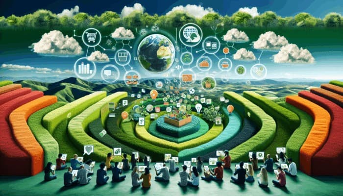 Infographic showcasing sustainable living trends, zero-waste tips, and eco-friendly product reviews, featuring diverse consumers using digital devices.