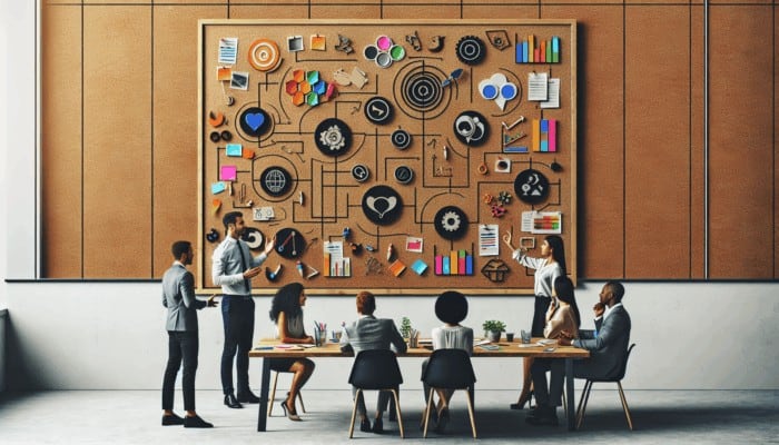 A creative workspace displaying a planning board and team members discussing video content strategies.