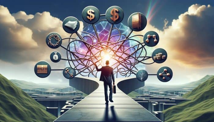 Key Terminology in Debt Consolidation: Your Essential Guide | DCL A person confidently navigating a clear path through a complex financial landscape with labelled signposts under a bright sky.