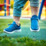 A child wearing blue shoes and light blue trousers jumps on a playground with green turf and grass. Playground equipment is blurred in the background, featuring red, yellow, and blue structures.