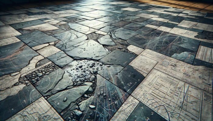 Close-up of a slate floor in Pilton showing cracks and chips, revealing moisture penetration from rain.