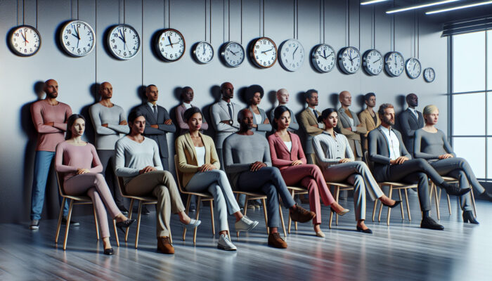 Diverse group waiting in an office with their permit applications and clocks indicating different times.