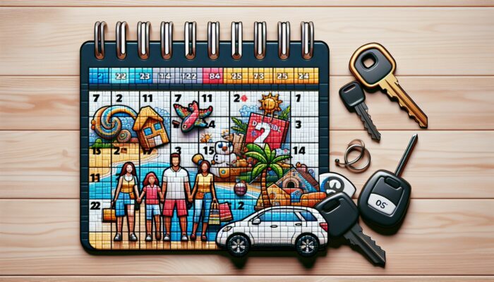 A calendar highlighted with holiday dates and discount symbols, surrounded by car keys, travel brochures, and a family planning a vacation.