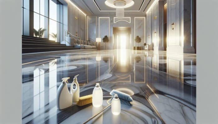 Stunning marble floor in a Cottenham Park home, gleaming, with cleaning tools, highlighting the significance of maintenance.