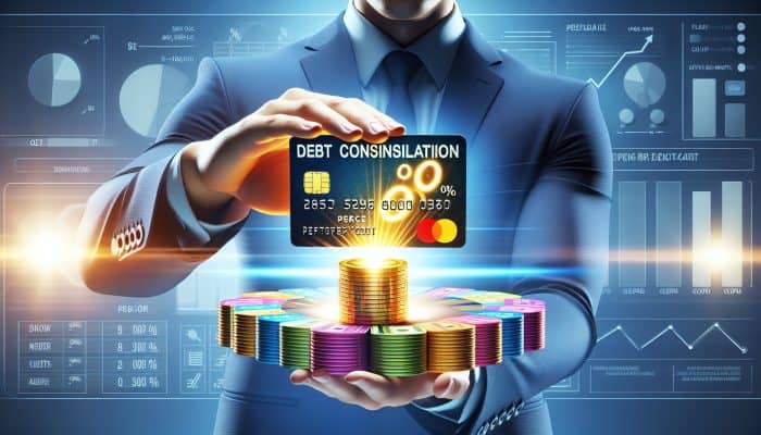 Person transferring colourful credit card balances to new card with "0%" symbol, illustrating debt consolidation.