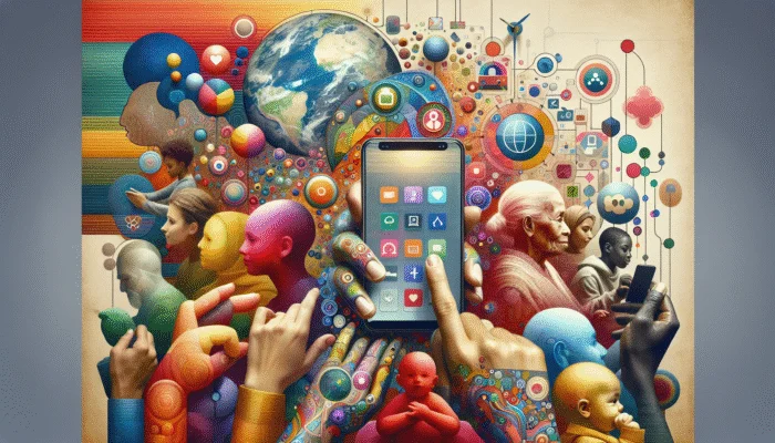 Vibrant mobile interface featuring large text and intuitive navigation, utilised by diverse global users.